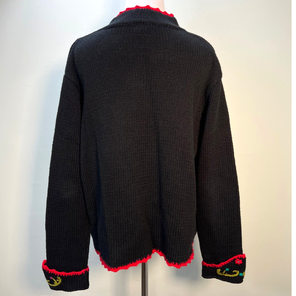 Vtg Cardigan Sweater Medium Black Floral Crewel Embroidered Crochet Cottagecore View 5